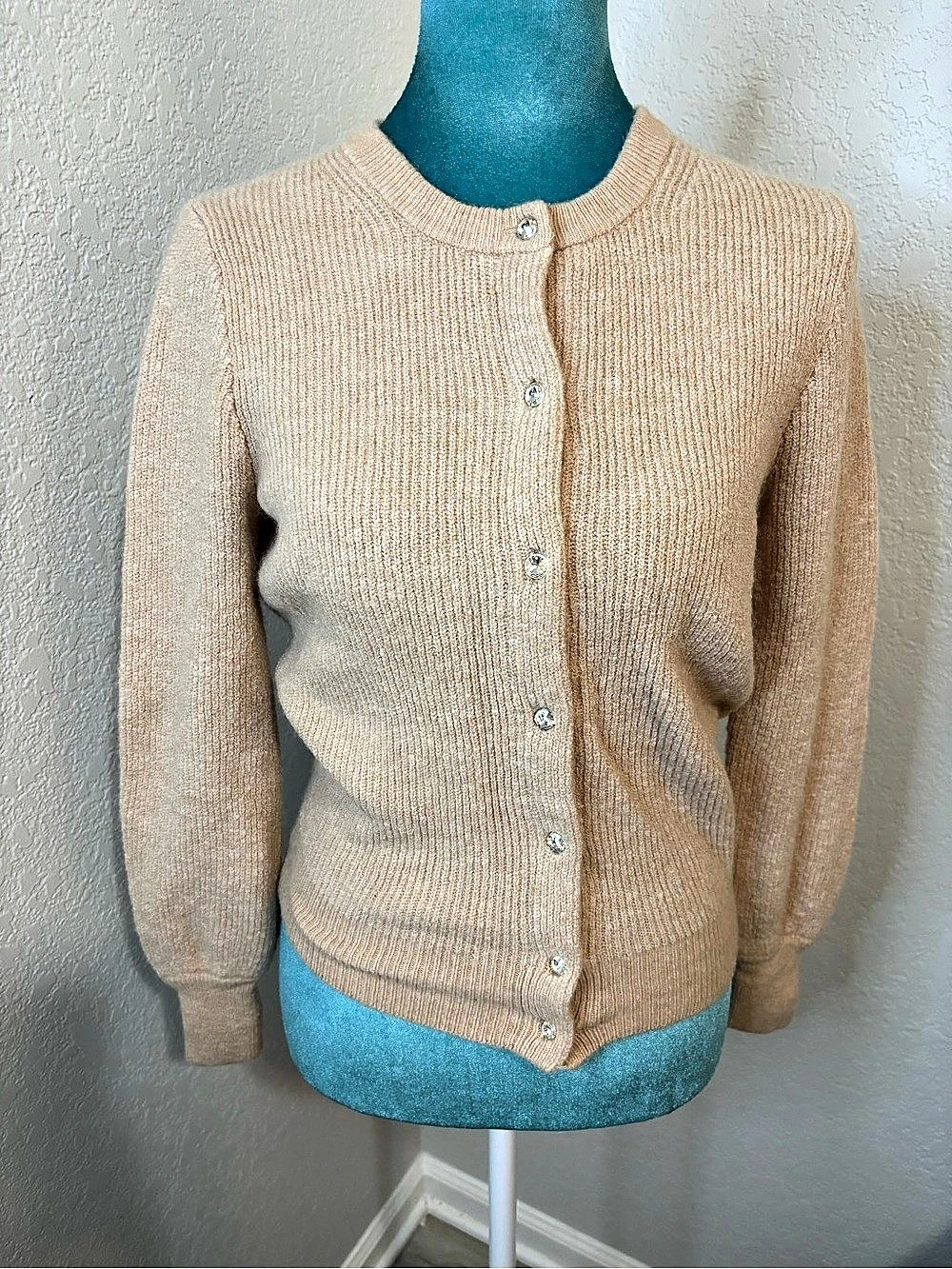 J.Crew Crystal Jewel Button Ribbed Cardigan Sweater Camel XXS EUC